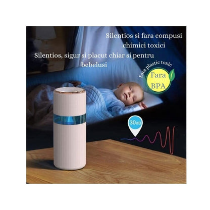 Mini Umidificator de aer cu difuzor aromaterapie si lumini LED, portabil, USB, rezervor 390ml, 2 moduri de functionare, lumini de noapte, umidificator camera si masina auto, Alb
