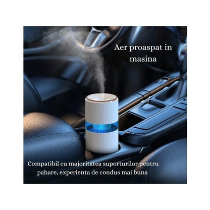 Mini Umidificator de aer cu difuzor aromaterapie si lumini LED, portabil, USB, rezervor 390ml, 2 moduri de functionare, lumini de noapte, umidificator camera si masina auto, Alb