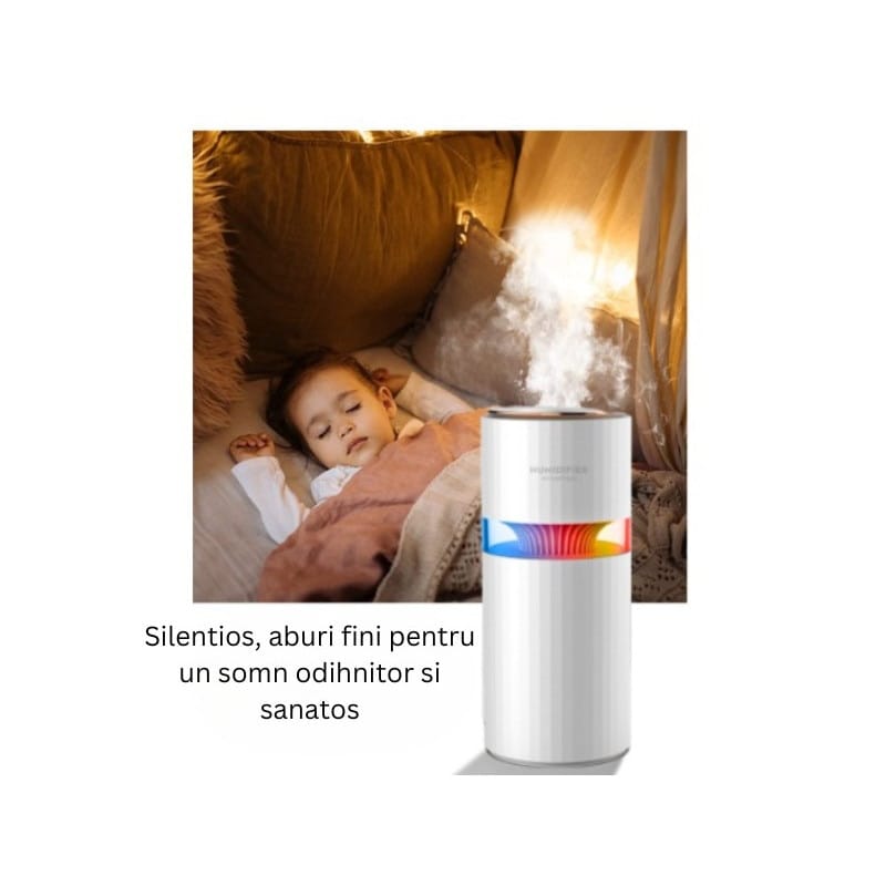 Mini Umidificator de aer cu difuzor aromaterapie si lumini LED, portabil, USB, rezervor 390ml, 2 moduri de functionare, lumini de noapte, umidificator camera si masina auto, Alb