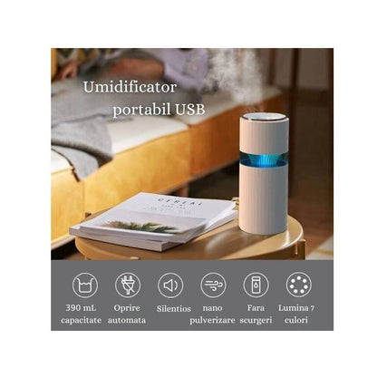 Mini Umidificator de aer cu difuzor aromaterapie si lumini LED, portabil, USB, rezervor 390ml, 2 moduri de functionare, lumini de noapte, umidificator camera si masina auto, Alb