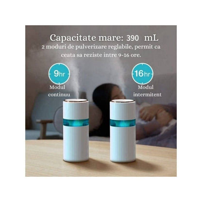 Mini Umidificator de aer cu difuzor aromaterapie si lumini LED, portabil, USB, rezervor 390ml, 2 moduri de functionare, lumini de noapte, umidificator camera si masina auto, Alb
