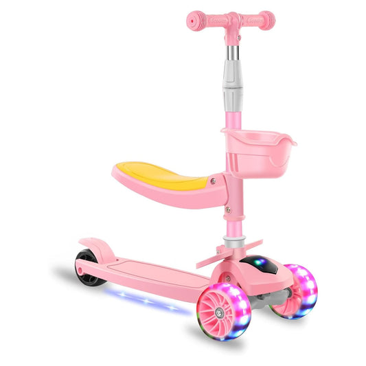Trotinetă 2 în 1 cu șezut, roți LED și muzică, 2-12 ani, 100 kg, roz