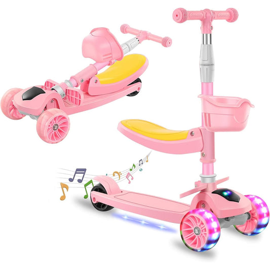 Trotinetă 2 în 1 cu șezut, roți LED și muzică, 2-12 ani, 100 kg, roz