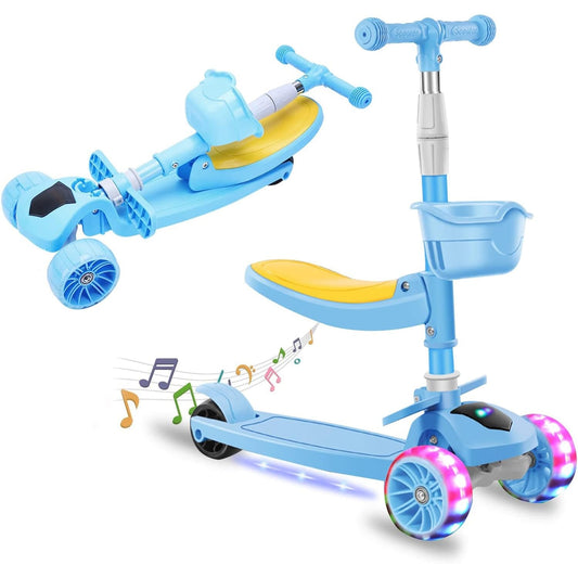 Trotinetă 2 în 1 cu șezut, roți LED și muzică, 2-12 ani, 100 kg, albastru