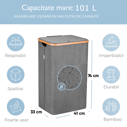 Cos de rufe bambus, pliabil, cu capac si sac de rufe detasabil, 101 L, 74 x 41 x 33 cm, material textil, Gri