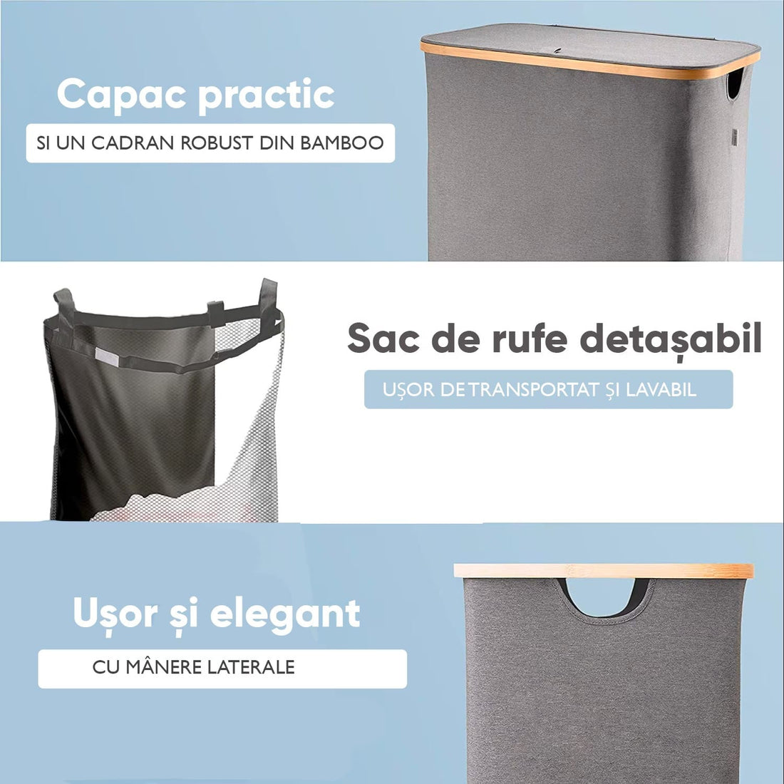 Cos de rufe bambus, pliabil, cu capac si sac de rufe detasabil, 101 L, 74 x 41 x 33 cm, material textil, Gri