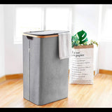 Cos de rufe bambus, pliabil, cu capac si sac de rufe detasabil, 101 L, 74 x 41 x 33 cm, material textil, Gri