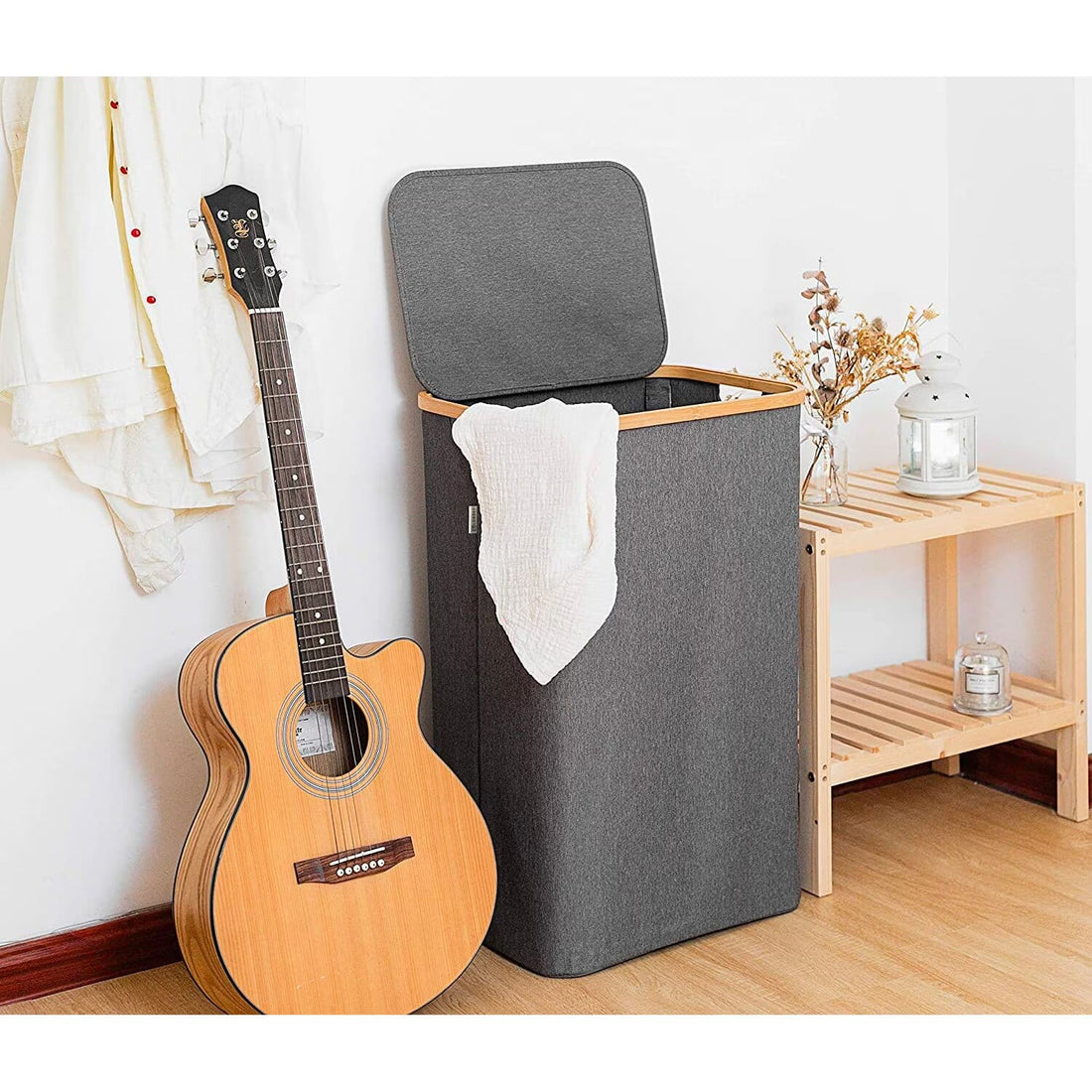 Cos de rufe bambus, pliabil, cu capac si sac de rufe detasabil, 101 L, 74 x 41 x 33 cm, material textil, Gri