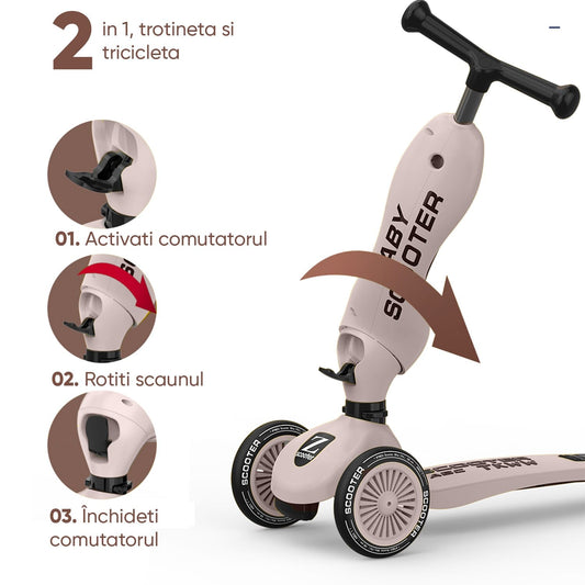 Trotineta copii cu sezut, transformabila 2in1 cu roti luminoase, 1-5 ani, suport picioare, pana la 55kg, frana progresiva, Roz