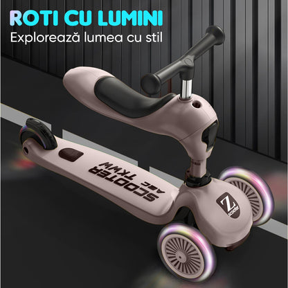 Trotineta copii cu sezut, transformabila 2in1 cu roti luminoase, 1-5 ani, suport picioare, pana la 55kg, frana progresiva, Roz