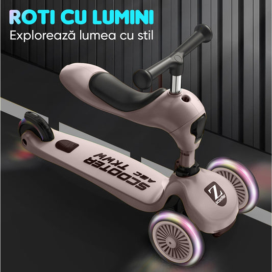 Trotineta copii cu sezut, transformabila 2in1 cu roti luminoase, 1-5 ani, suport picioare, pana la 55kg, frana progresiva, Roz