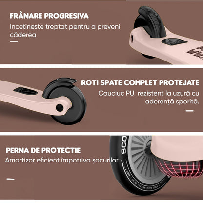 Trotineta copii cu sezut, transformabila 2in1 cu roti luminoase, 1-5 ani, suport picioare, pana la 55kg, frana progresiva, Roz