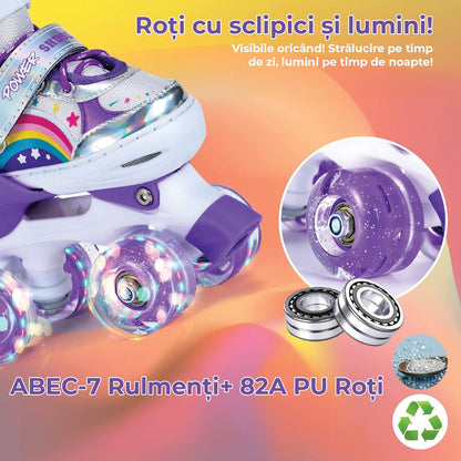 Role reglabile pentru copii si adulti, 4 roti luminoase din silicon, rulmenti ABEC-7, Aluminiu/poliuretan, Model Curcubeu, marimea S 26-33, Mov