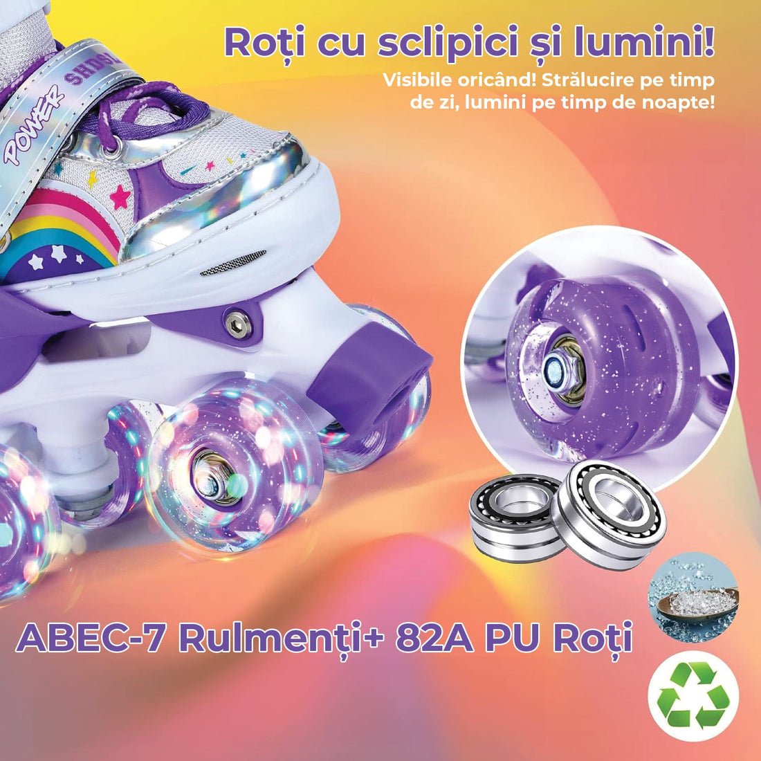 Role reglabile copii și adulți, 4 roți luminoase, ABEC-7, mărime M 33-37, mov