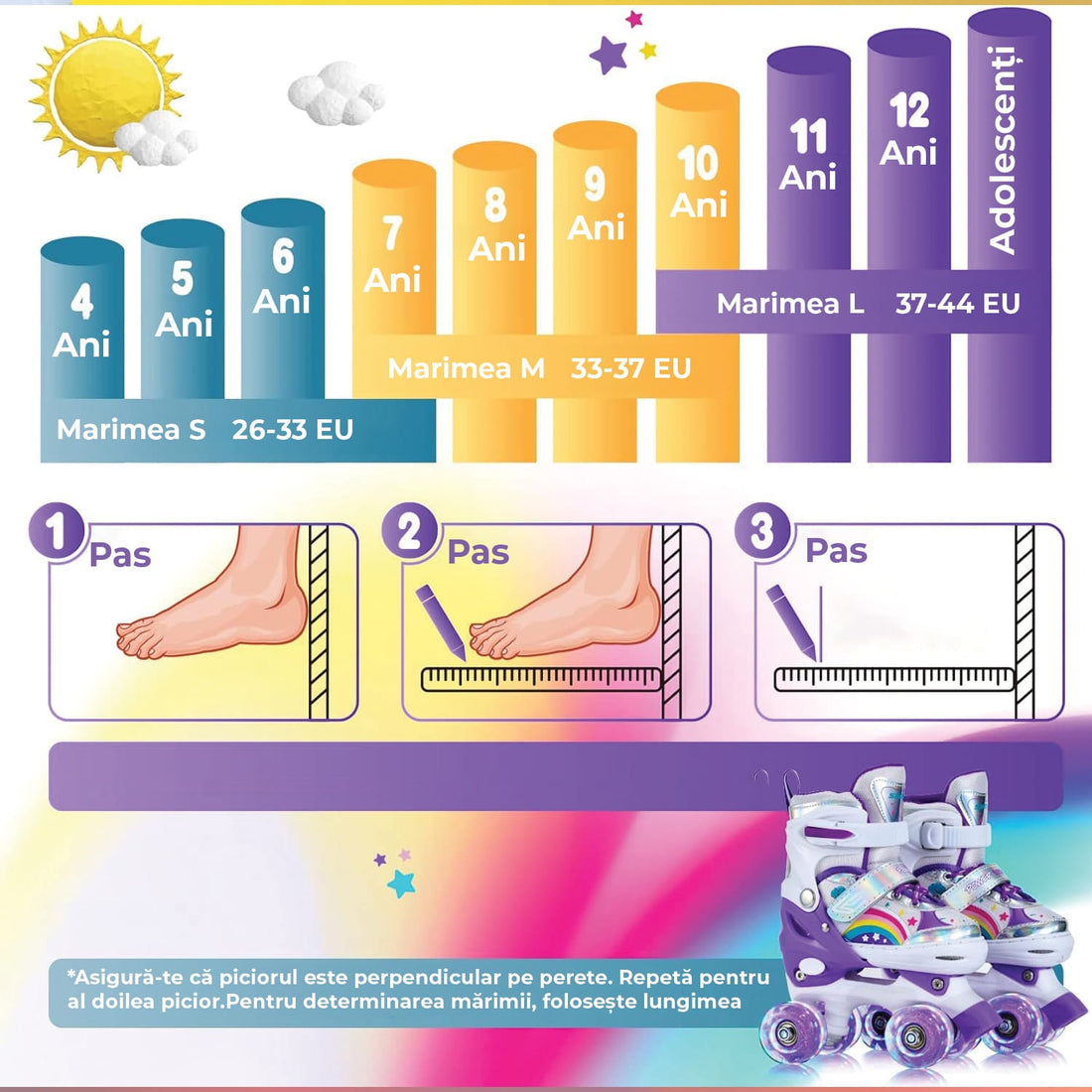 Role reglabile copii și adulți, 4 roți luminoase, ABEC-7, mărime M 33-37, mov
