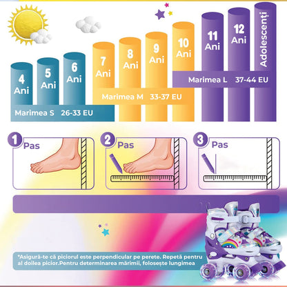 Role reglabile copii și adulți, 4 roți luminoase, ABEC-7, mărime M 33-37, mov