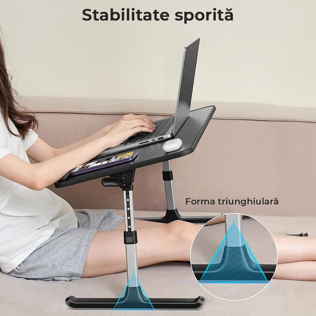 Masă pliabilă laptop, reglabilă, multifuncțională, sertar, capacitate 40 kg, negru