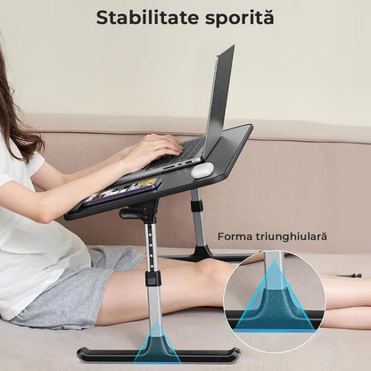 Masă pliabilă laptop, reglabilă, multifuncțională, sertar, capacitate 40 kg, negru