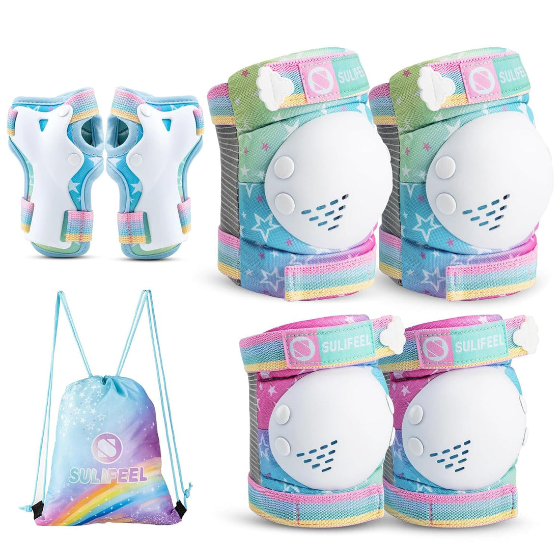 Set de Protecție Genunchiere, Cotiere, Aparatori Incheieturi, Reglabil, Pentru Copii cu Design Unicorn Curcubeu, Potrivit Pentru Ciclism, Role, Trotineta, SkateBoard, Marimea M, Culoare Roz