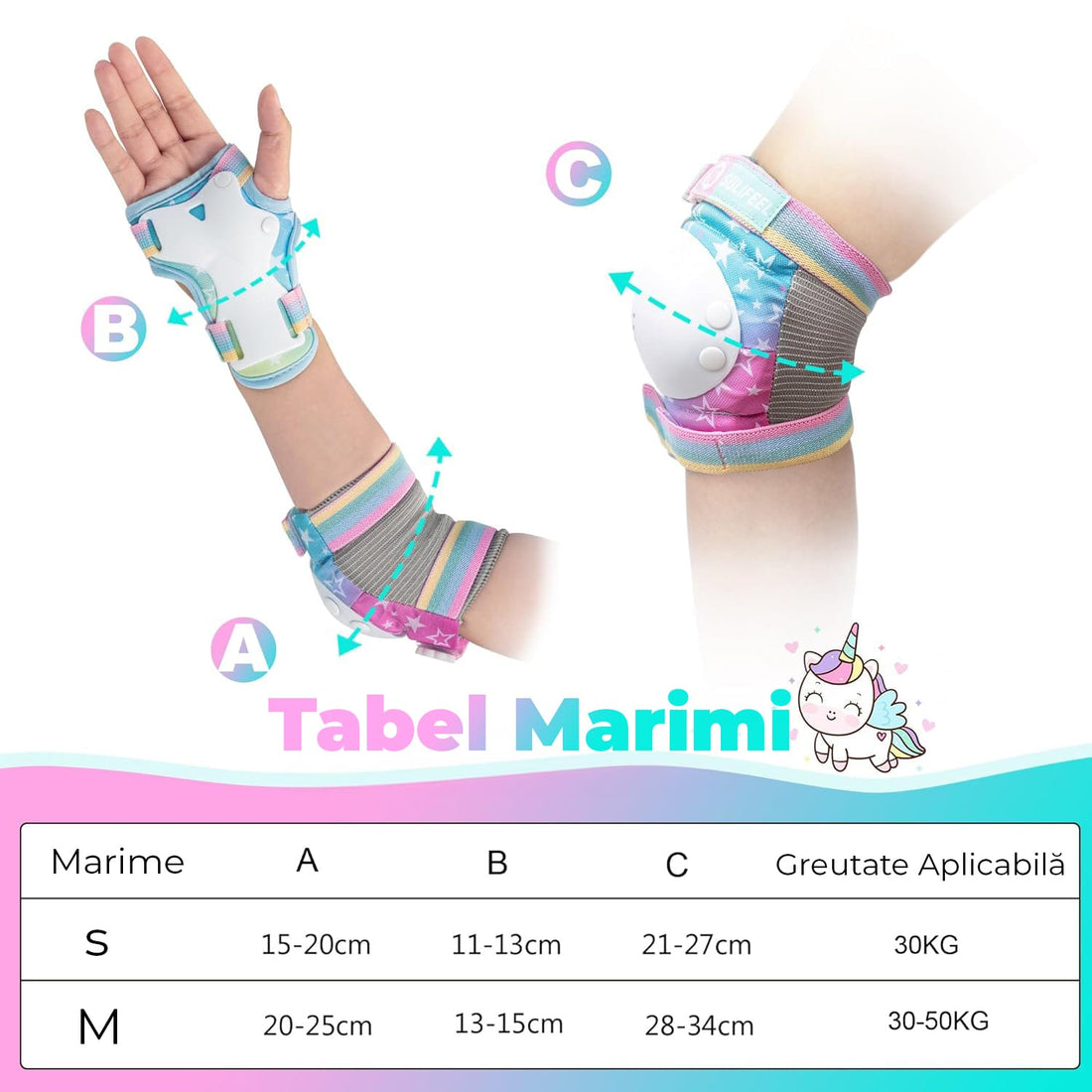 Set de Protecție Genunchiere, Cotiere, Aparatori Incheieturi, Reglabil, Pentru Copii cu Design Unicorn Curcubeu, Potrivit Pentru Ciclism, Role, Trotineta, SkateBoard, Marimea M, Culoare Roz