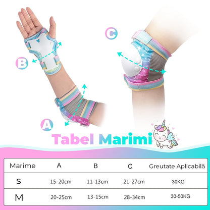 Set de Protecție Genunchiere, Cotiere, Aparatori Incheieturi, Reglabil, Pentru Copii cu Design Unicorn Curcubeu, Potrivit Pentru Ciclism, Role, Trotineta, SkateBoard, Marimea M, Culoare Roz