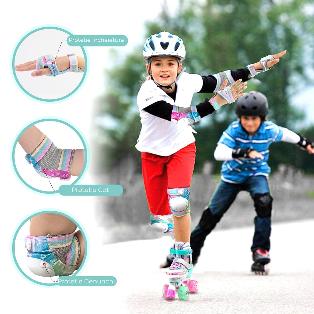 Set de Protecție Genunchiere, Cotiere, Aparatori Incheieturi, Reglabil, Pentru Copii cu Design Unicorn Curcubeu, Potrivit Pentru Ciclism, Role, Trotineta, SkateBoard, Marimea M, Culoare Roz