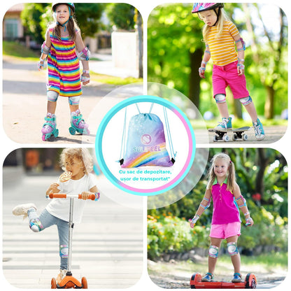 Set de Protecție Genunchiere, Cotiere, Aparatori Incheieturi, Reglabil, Pentru Copii cu Design Unicorn Curcubeu, Potrivit Pentru Ciclism, Role, Trotineta, SkateBoard, Marimea M, Culoare Roz