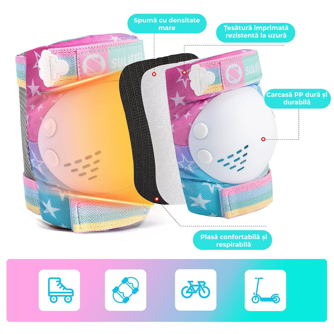 Set de Protecție Genunchiere, Cotiere, Aparatori Incheieturi, Reglabil, Pentru Copii cu Design Unicorn Curcubeu, Potrivit Pentru Ciclism, Role, Trotineta, SkateBoard, Marimea M, Culoare Roz