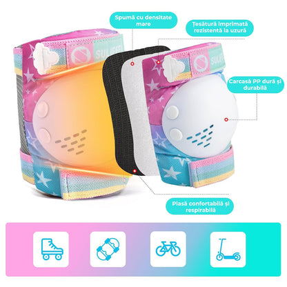 Set de Protecție Genunchiere, Cotiere, Aparatori Incheieturi, Reglabil, Pentru Copii cu Design Unicorn Curcubeu, Potrivit Pentru Ciclism, Role, Trotineta, SkateBoard, Marimea M, Culoare Roz