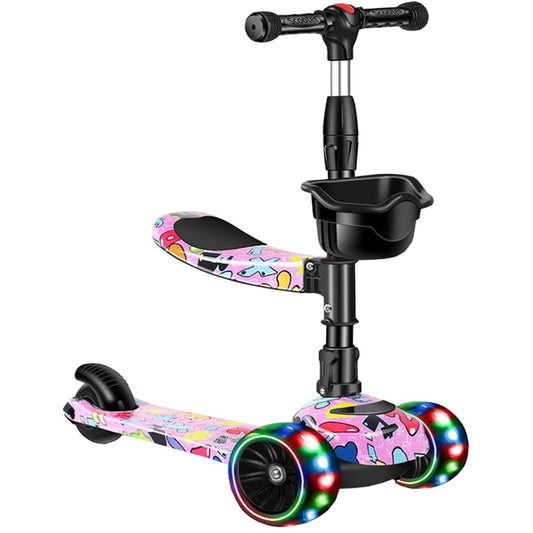 Trotinetă 2 în 1 cu șezut, roți LED, 3-8 ani, 80 kg, roz/multicolor