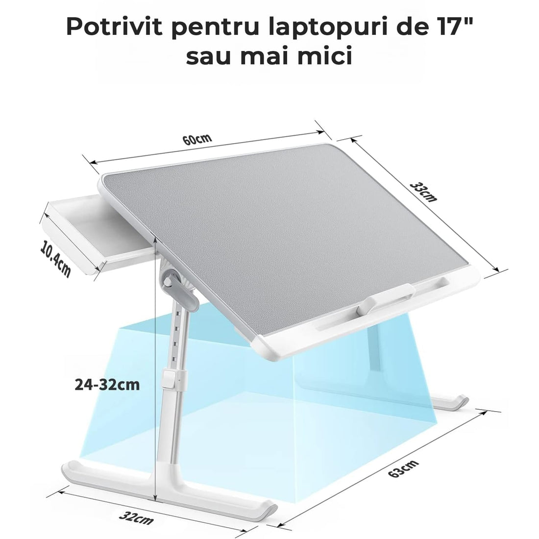 Masa pliabila pentru Laptop, Multifunctionala,  Ajustabila, din Piele PVC, birou portabil cu sertar de depozitare, Gri