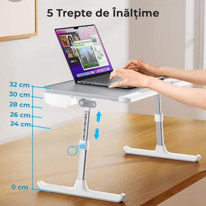 Masa pliabila pentru Laptop, Multifunctionala,  Ajustabila, din Piele PVC, birou portabil cu sertar de depozitare, Gri