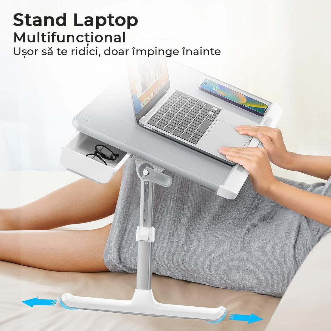 Masa pliabila pentru Laptop, Multifunctionala,  Ajustabila, din Piele PVC, birou portabil cu sertar de depozitare, Gri