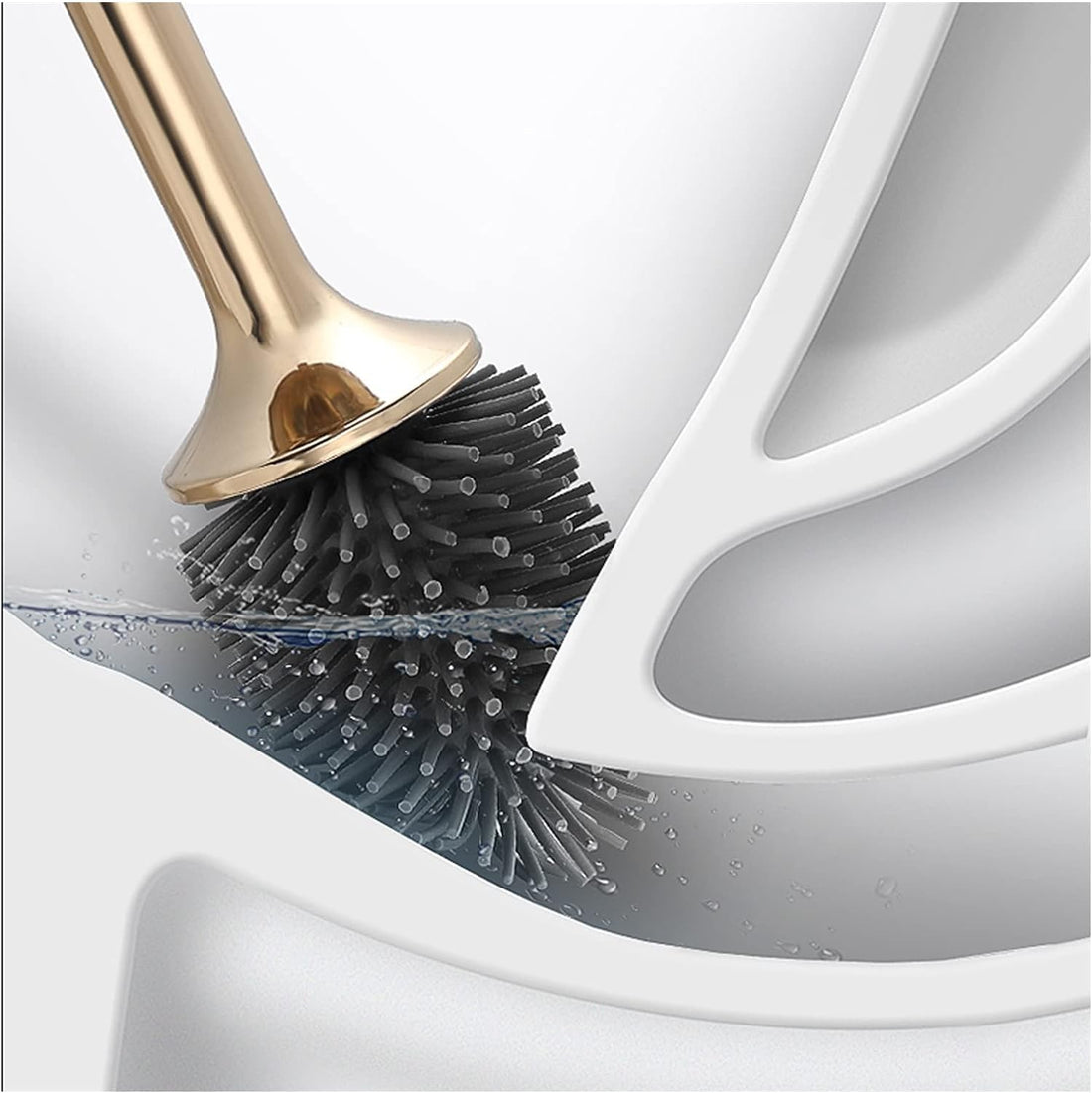 Perie WC din Silicon 360° Premium, cu Capac si Maner, Ergonomic cu Protectie, Fara Picurare, cu Prindere pe Perete Fara Suruburi Culoare, Negru Auriu