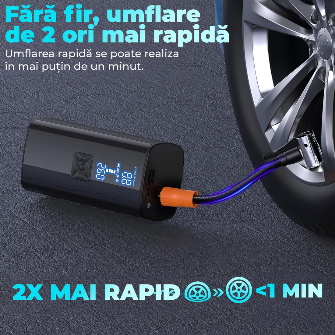 Compresor Auto Portabil cu Oprire Automata, Pompa Auto, Biciclete, Moto, Saltele, Presiune 150 PSI, Baterie de 6000 mAh, Manometru Digital, Lumina Led de Urgenta, Baterie Externa Telefon
