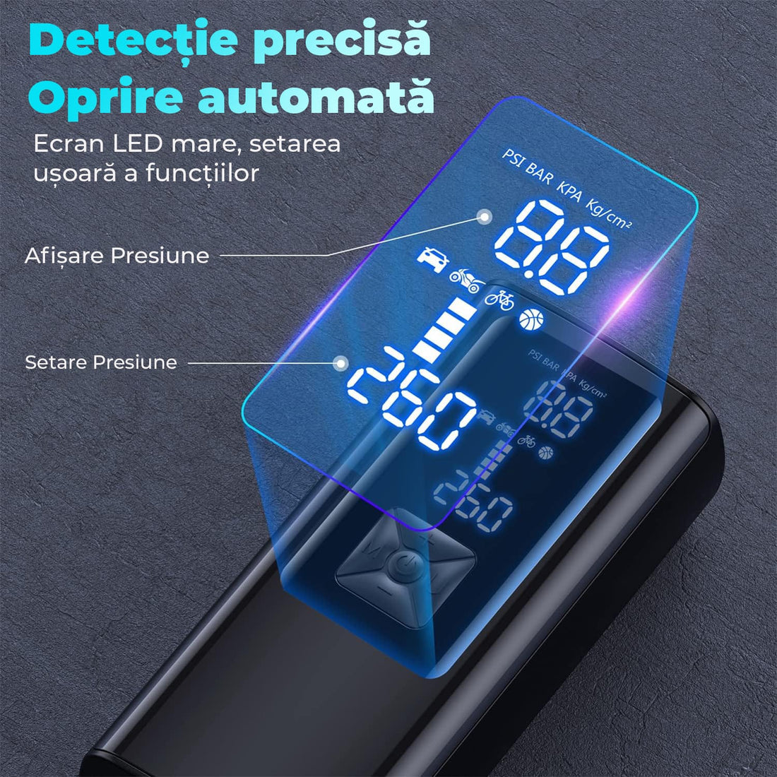 Compresor Auto Portabil cu Oprire Automata, Pompa Auto, Biciclete, Moto, Saltele, Presiune 150 PSI, Baterie de 6000 mAh, Manometru Digital, Lumina Led de Urgenta, Baterie Externa Telefon