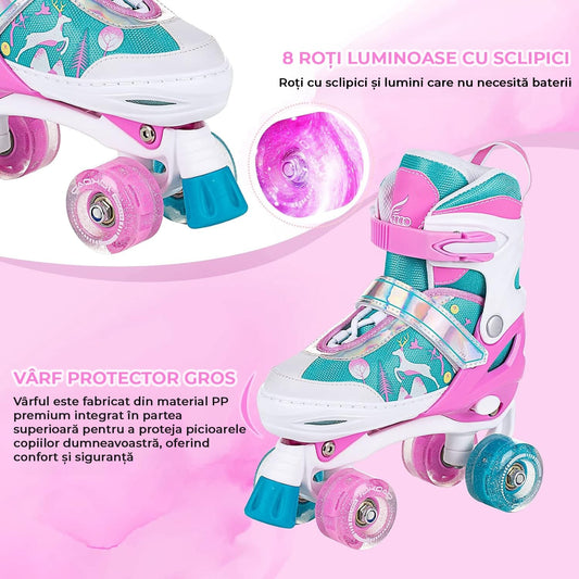 Role reglabile pentru copii si adulti, 4 roti luminoase din silicon, 4 marimi ajustabile, rulmenti ABEC-7, Aluminiu/poliuretan, Model 955B, marimea S 28-31, Roz