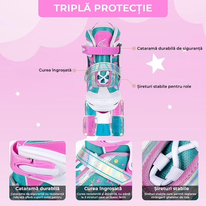 Role reglabile pentru copii si adulti, 4 roti luminoase din silicon, 4 marimi ajustabile, rulmenti ABEC-7, Aluminiu/poliuretan, Model 955B, marimea M 32-35, Roz