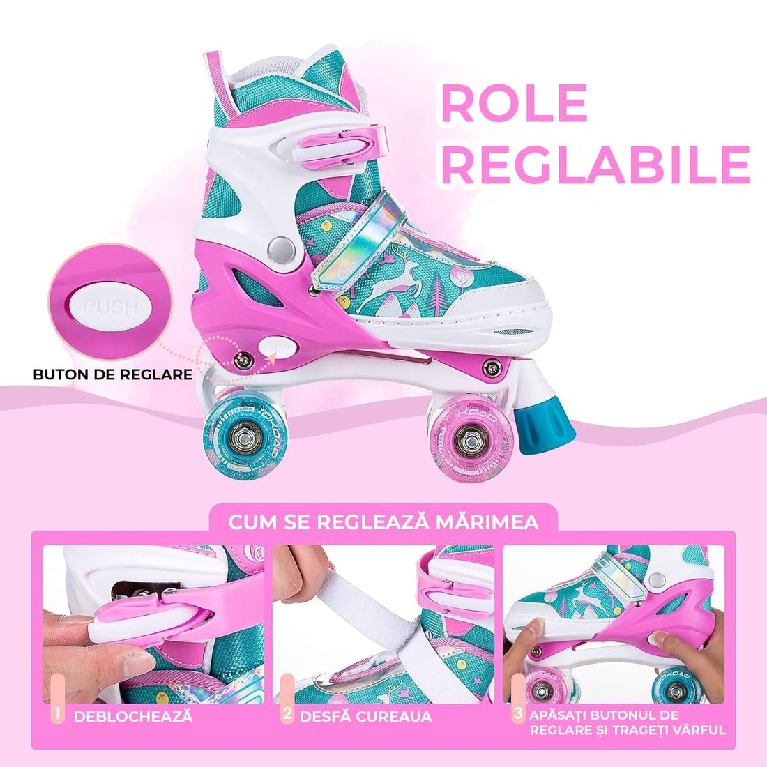 Role reglabile pentru copii si adulti, 4 roti luminoase din silicon, 4 marimi ajustabile, rulmenti ABEC-7, Aluminiu/poliuretan, Model 955B, marimea L 36-39, Roz