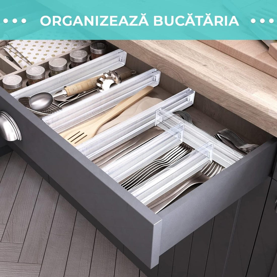 Set 8 organizatoare sertare, reglabile, extensibile 28-48 cm, transparente