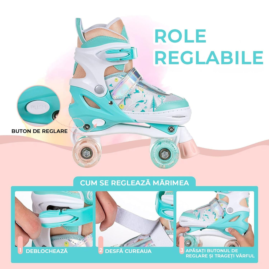 Role reglabile pentru copii si adulti, 4 roti luminoase din silicon, 4 marimi ajustabile, rulmenti ABEC-7, Aluminiu/poliuretan, Model 955B, marimea M 32-35, Verde