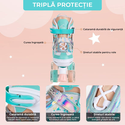 Role reglabile pentru copii si adulti, 4 roti luminoase din silicon, 4 marimi ajustabile, rulmenti ABEC-7, Aluminiu/poliuretan, Model 955B, marimea S 28-31, Verde