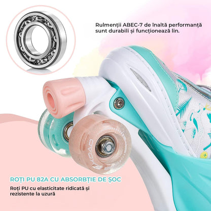 Role reglabile pentru copii si adulti, 4 roti luminoase din silicon, 4 marimi ajustabile, rulmenti ABEC-7, Aluminiu/poliuretan, Model 955B, marimea L 36-39, Verde