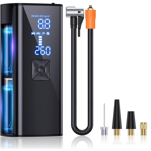 Compresor Auto Portabil cu Oprire Automata, Pompa Auto, Biciclete, Moto, Saltele, Presiune 150 PSI, Baterie de 6000 mAh, Manometru Digital, Lumina Led de Urgenta, Baterie Externa Telefon