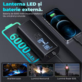 Compresor Auto Portabil cu Oprire Automata, Pompa Auto, Biciclete, Moto, Saltele, Presiune 150 PSI, Baterie de 6000 mAh, Manometru Digital, Lumina Led de Urgenta, Baterie Externa Telefon
