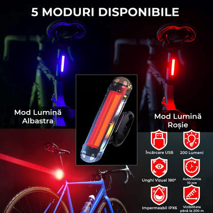 Set lumini bicicletă față/spate, 8000 lumeni, USB-C, 5 moduri, baterie externă, IPX6, negru