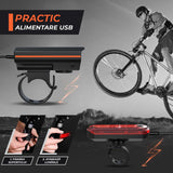 Set Lumini Bicicleta Fata/Spate, Far Fata de 250 Lumen, Reincarcabil USB-C, Far cu 3 Moduri de Iluminare, Stop cu 4 Moduri de Flash,  Rezistent la Apa IPX4, Negru
