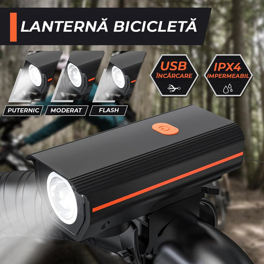 Set Lumini Bicicleta Fata/Spate, Far Fata de 250 Lumen, Reincarcabil USB-C, Far cu 3 Moduri de Iluminare, Stop cu 4 Moduri de Flash,  Rezistent la Apa IPX4, Negru