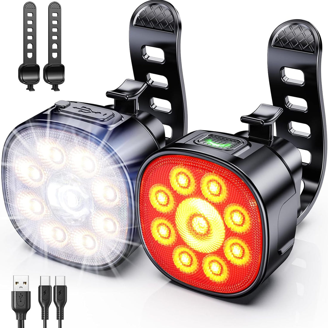 Set lumini bicicletă față/spate, ultra luminos, USB, 8/7 moduri, IP65, negru