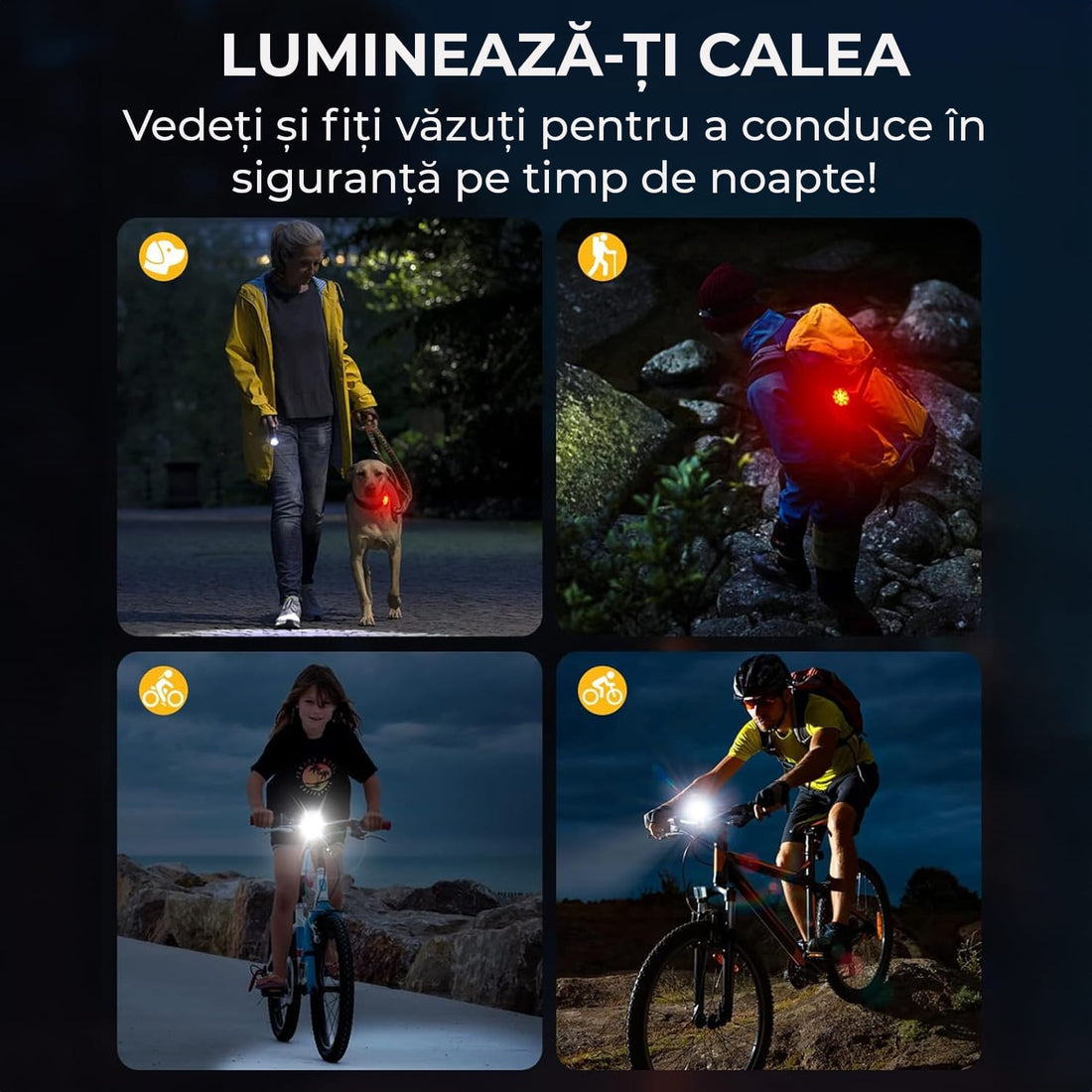 Set lumini bicicletă față/spate, ultra luminos, USB, 8/7 moduri, IP65, negru